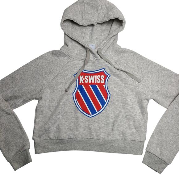 K Swiss BIG PATCH Logo Hooded Crop Sweatshirt Hoodie Women's Small Heather Gray - Picture 1 of 4